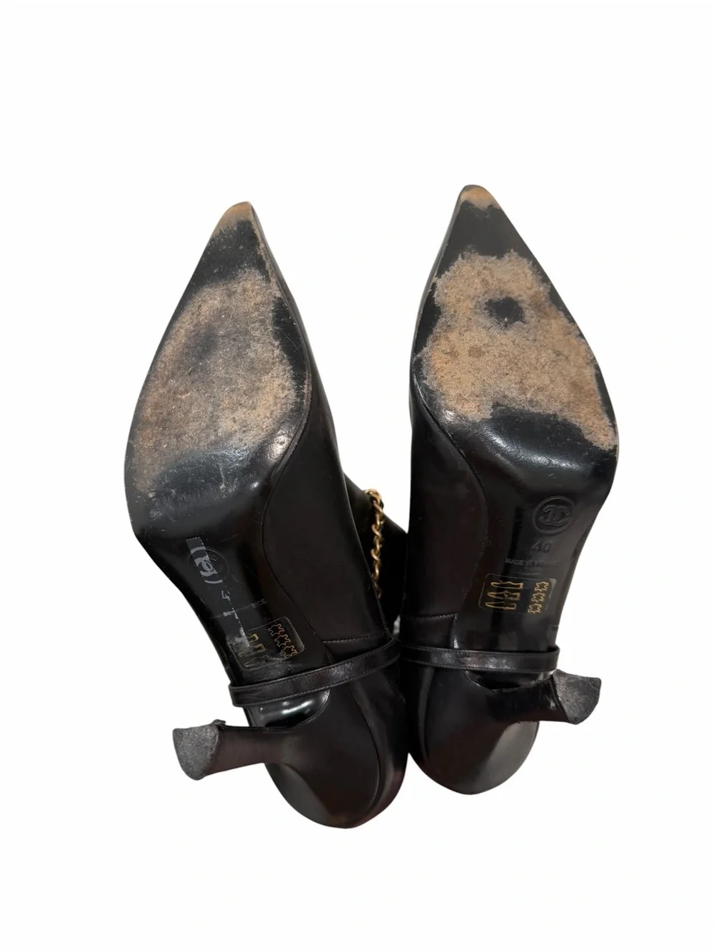 CHANEL Black Leather Chain Strap Pointed Toe Ankle Boots Booties